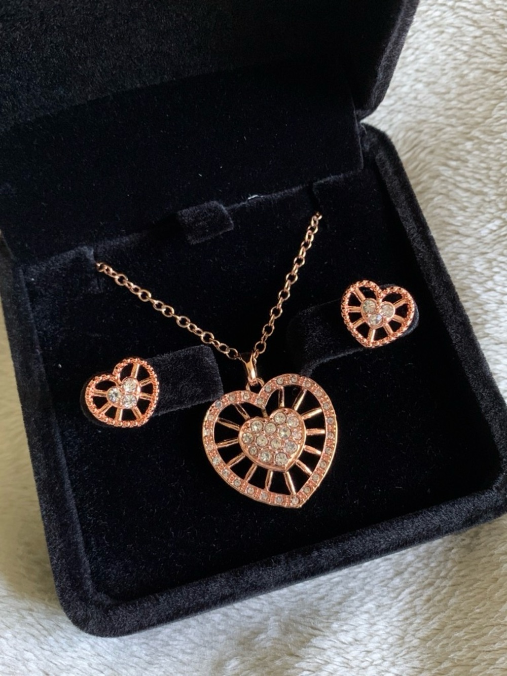 Rose-Tone Heart Pendant Necklace and Stud Earrings Set